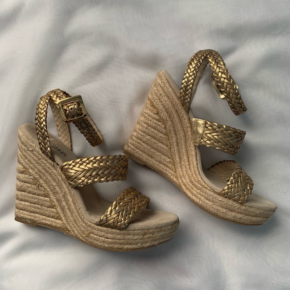 Michael Kors Giovanna Woven Gold Wedges NWT